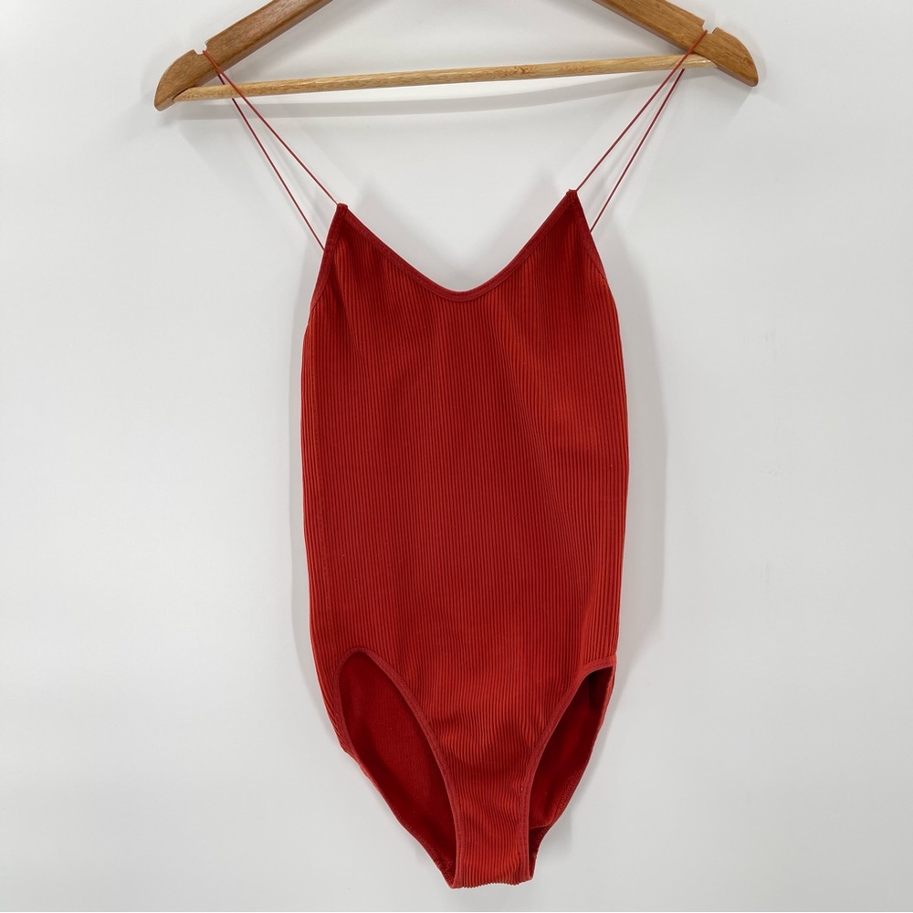 Urban Outfitters Red Ribbed Spaghetti-Strap Bodysuit